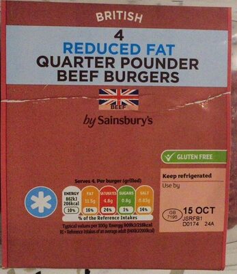 4 Reduced Fat Quarter Pounder Beef Burgers