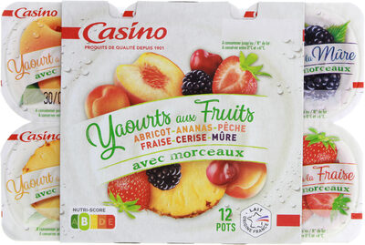 Yaourt Aux Fruits Abricot, Ananas, Pêche, Fraise, Cerise, Mûre Avec Morceaux